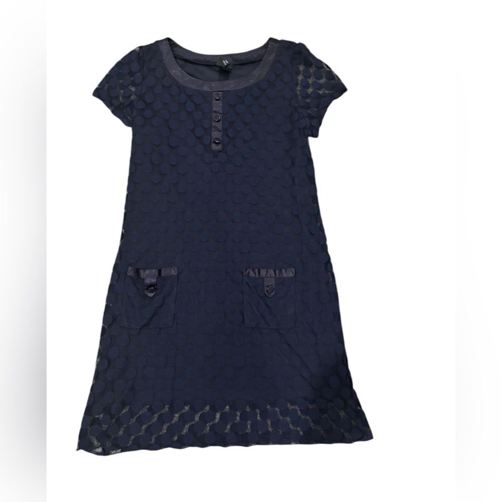 Navy Blue Sheer Lace Polka Dot Women's A-Line Dress-size large